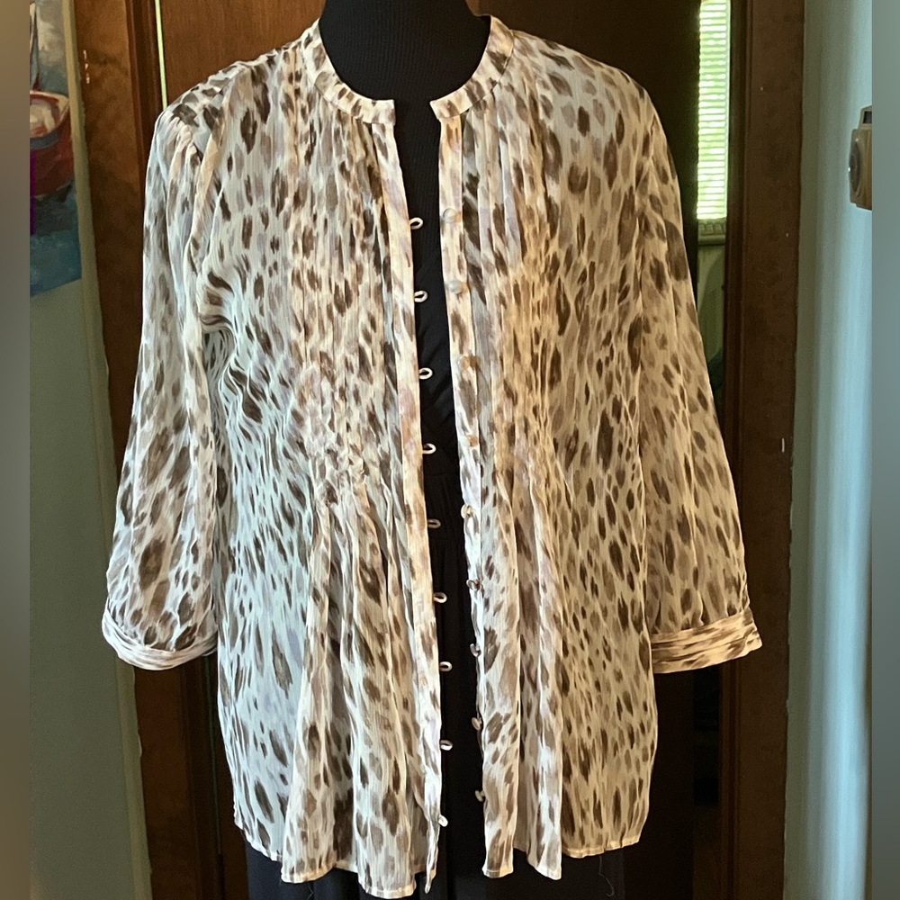 Chicos Sheer Cheetah Animal Print Button Front Blouse Size 1 Medium 3/4 Sleeves